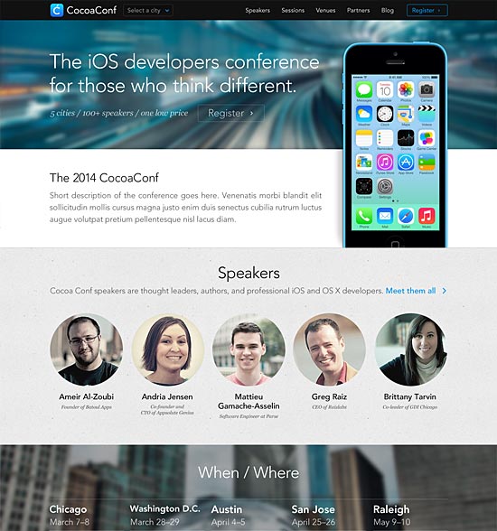 A screenshot of the CocoaConf homepage